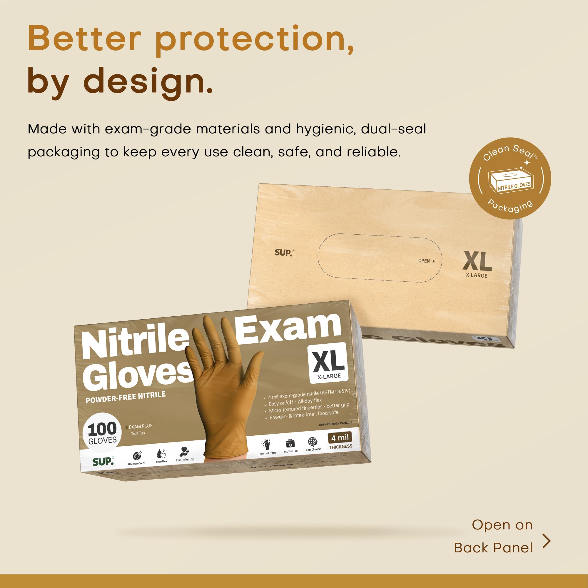 SUP Powder-Free Nitrile Gloves, 100 Count Food Safe Latex-Free Disposable Gloves for Medical Cooking Cleaning Food Prep, Tan (X-Large)