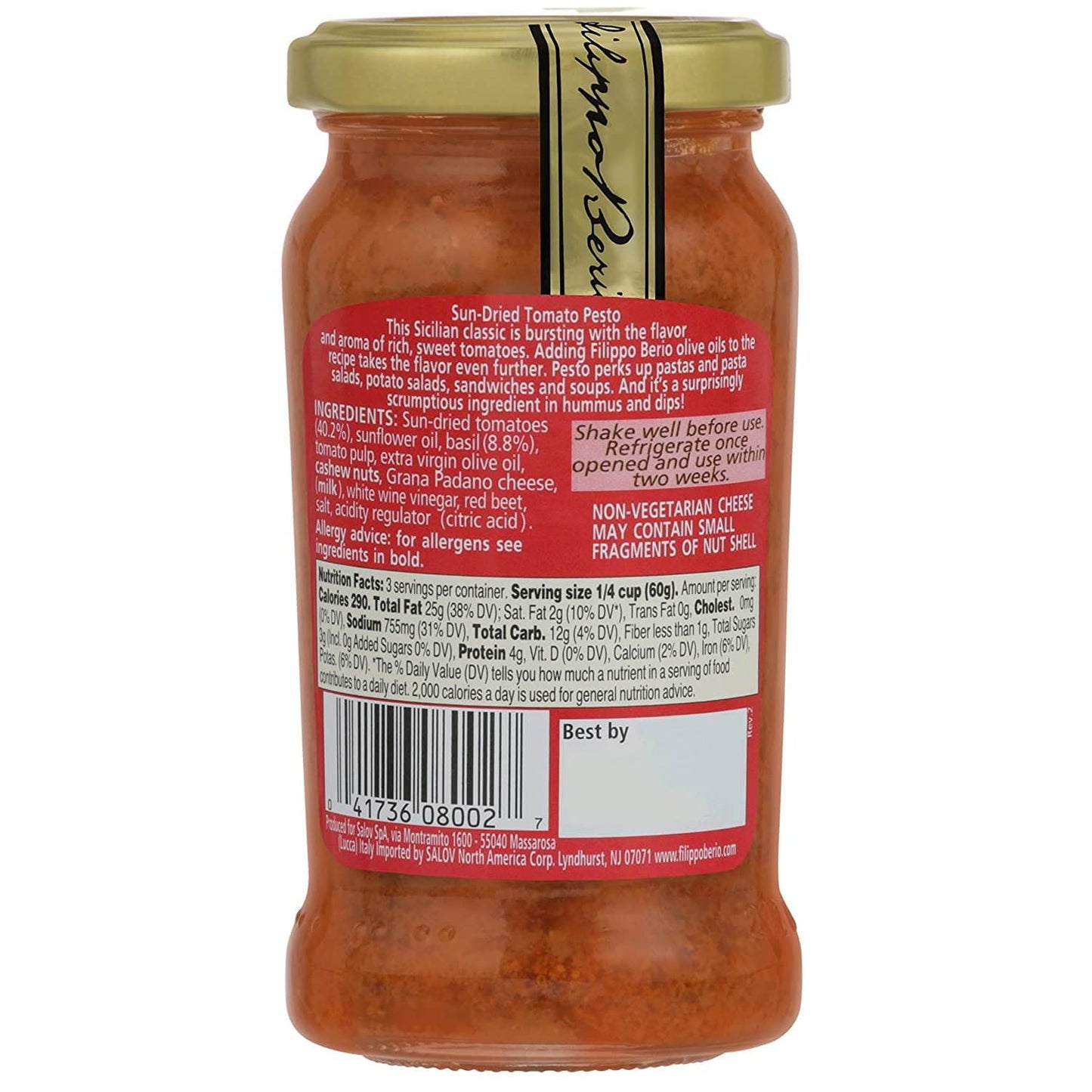Filippo Berio Pesto, Sun Dried Tomato, 6.7 Ounce Glass Jar