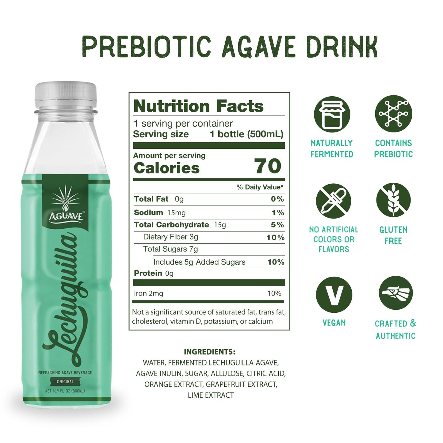 AGUAVE Prebiotic Mexican Drink - Fermented Agave LECHUGUILLA Beverage | Low Sugar Healthy Soda Alternative | Natural Gut Health Drink | 12-Pack
