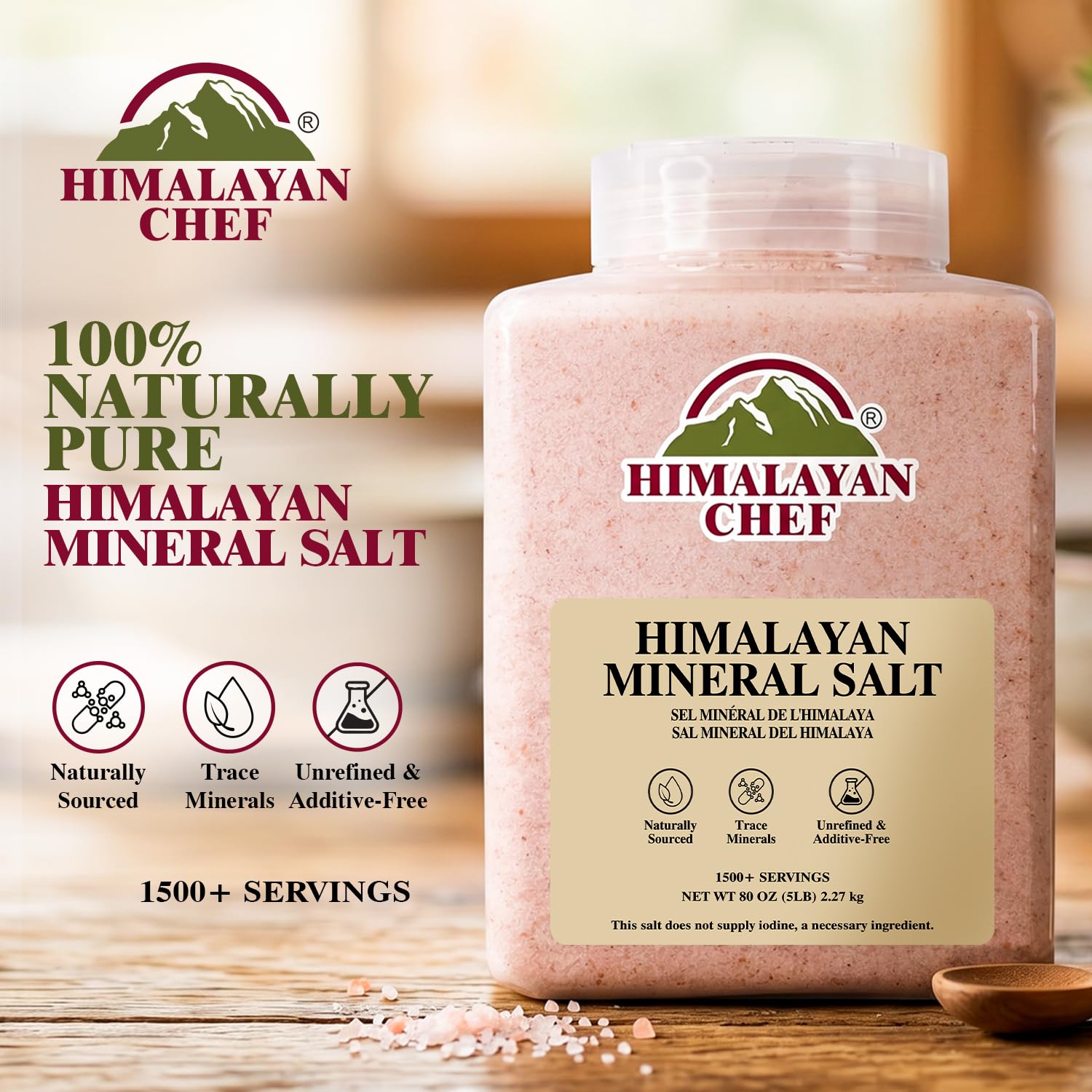 Himalayan Chef Mineral Salt, 5 lbs Plastic Jar - Natural Food Grade Salt for Cooking, Fine Grain, Bulk Kitchen Salt for Daily Use