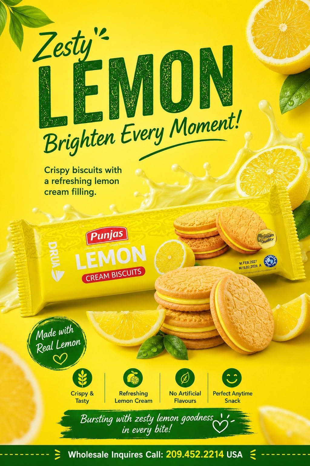 Punjas STRAWBERRY CREAM & LEMON CREAM Biscuits (Pack of 4 x 250g) Smooth Taste in Every Bite, Crafted with Real Flavors