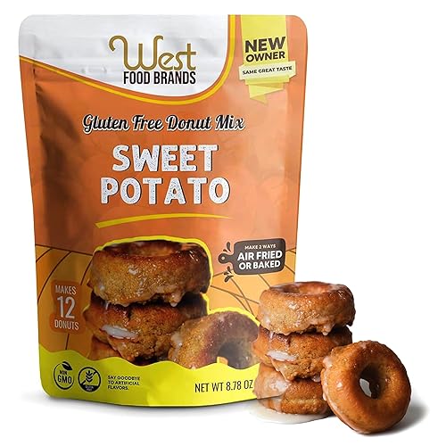 West Food Brands Gluten Free Sweet Potato Donut Mix - Soy Free & Kosher, No Artificial Sweeteners, Allergen Free - Sweet Potatoes Vegan Doughnut Mix with Essential Nutrients (1 Pack, 12 Donuts)