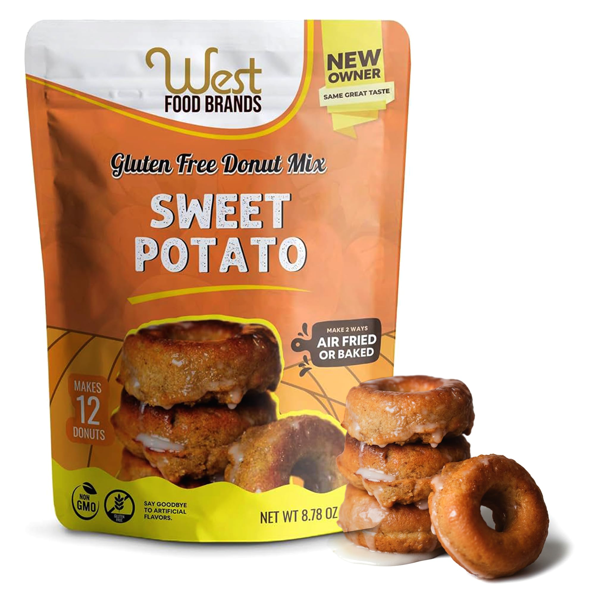 West Food Brands Gluten Free Sweet Potato Donut Mix - Soy Free & Kosher, No Artificial Sweeteners, Allergen Free - Sweet Potatoes Vegan Doughnut Mix with Essential Nutrients (1 Pack, 12 Donuts)