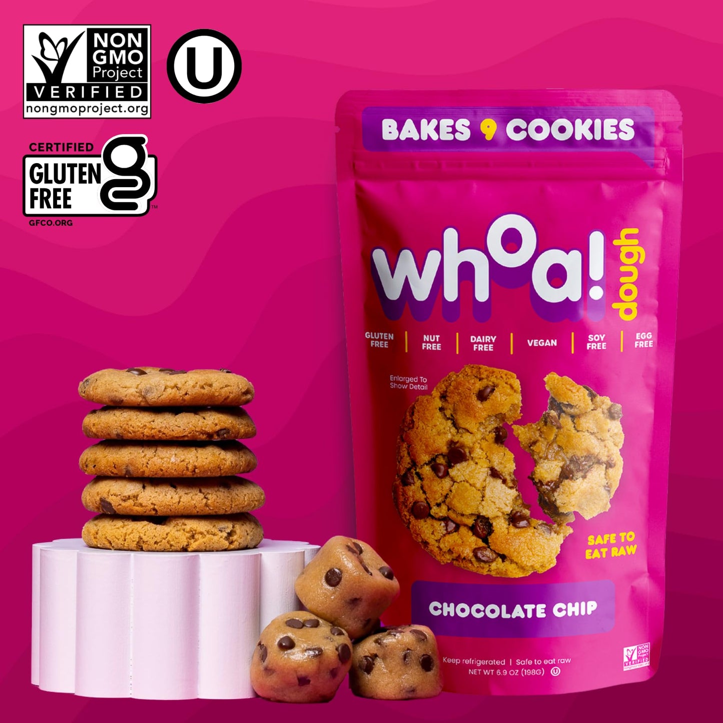 Whoa Dough Ready to Bake Cookie Dough Chocolate Chip - Certified Non-GMO, Kosher, Gluten Free - Plant-Based Snack Dough Made with Real Ingredients - 6 Pack
