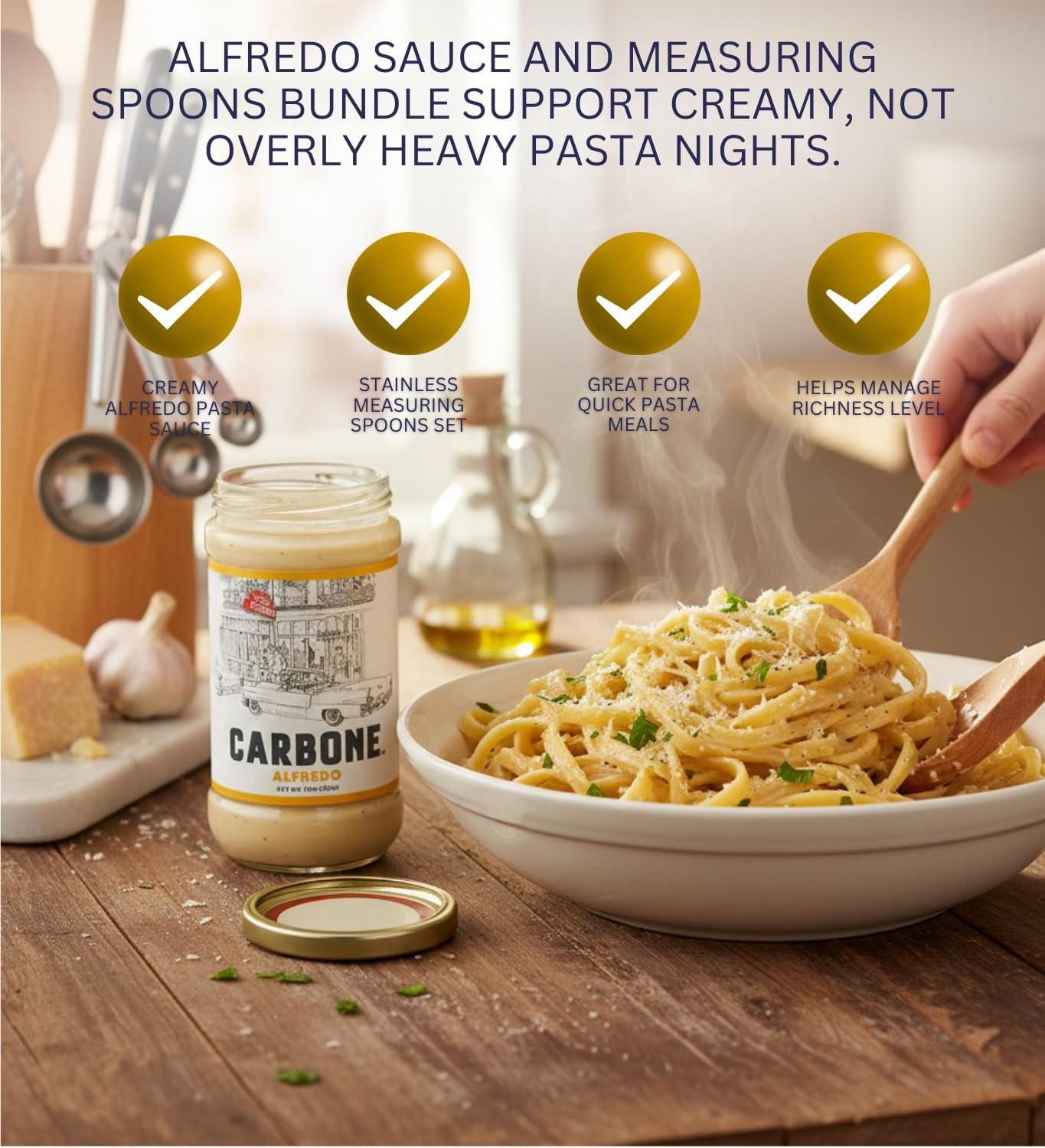 Carbone Alfredo Pasta Sauce (15 OZ.) Bundle with Measuring Spoon for Creamy Pasta Preparation and Controlled Serving - Gift Set (2 Items)