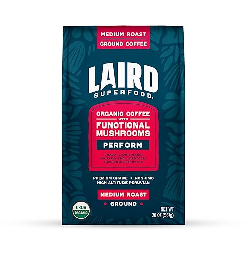 Laird Superfood Peruvian Medium Roast Coffee with Functional Mushrooms, Certified Organic Peruvian Ground Coffee Beans, Gluten-Free, Dairy-Free