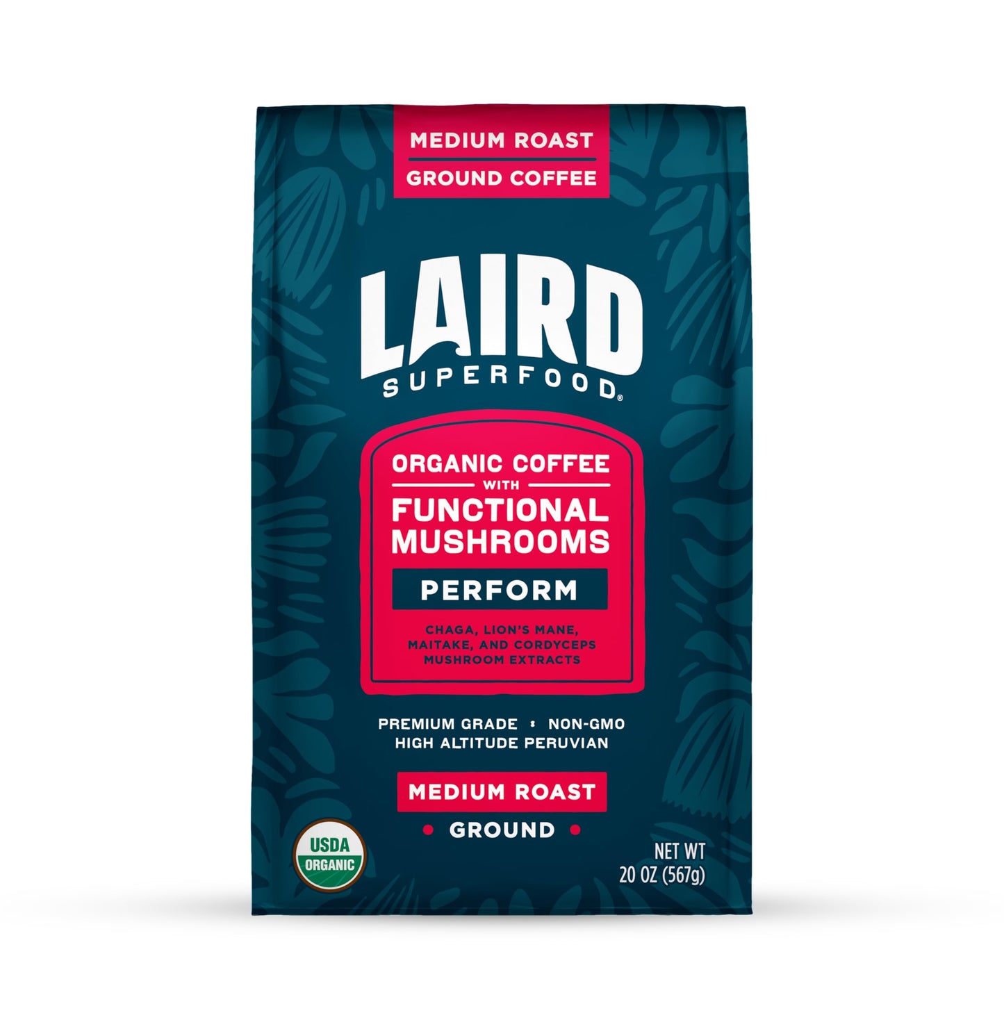 Laird Superfood Peruvian Medium Roast Coffee with Functional Mushrooms, Certified Organic Peruvian Ground Coffee Beans, Gluten-Free, Dairy-Free