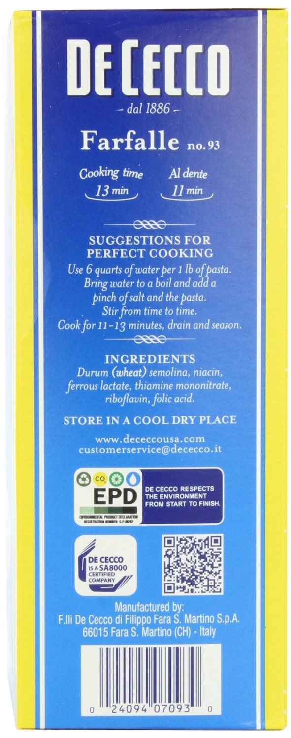Dececco Farfalle Pasta No.93 16 Oz -Pack of 20