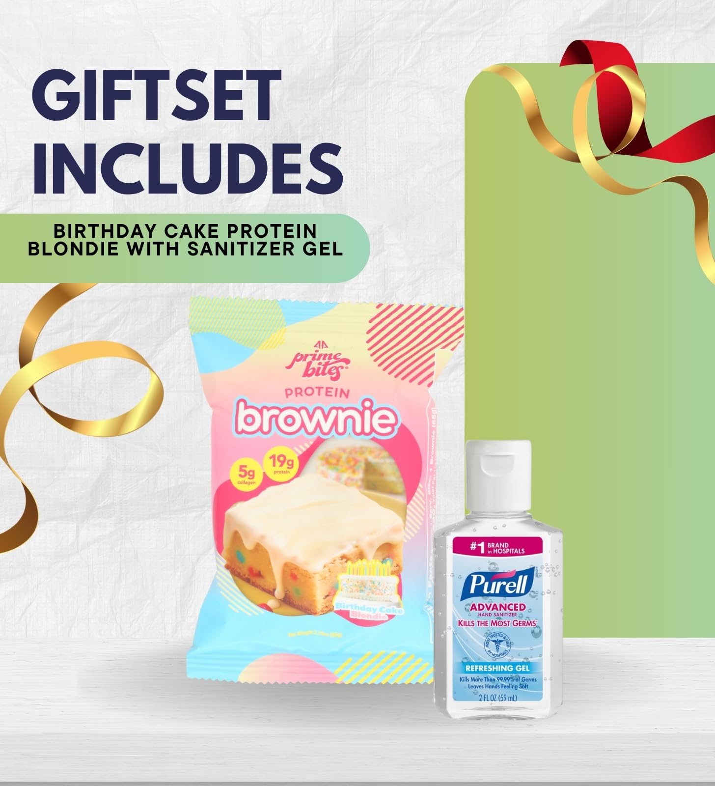 Protein Brownie - Glazed Birthday Cake Blondie Bar 2.29 oz Bundle with 2 oz Hand Sanitizer - Sweet Dessert-Inspired Snack with Convenient Travel