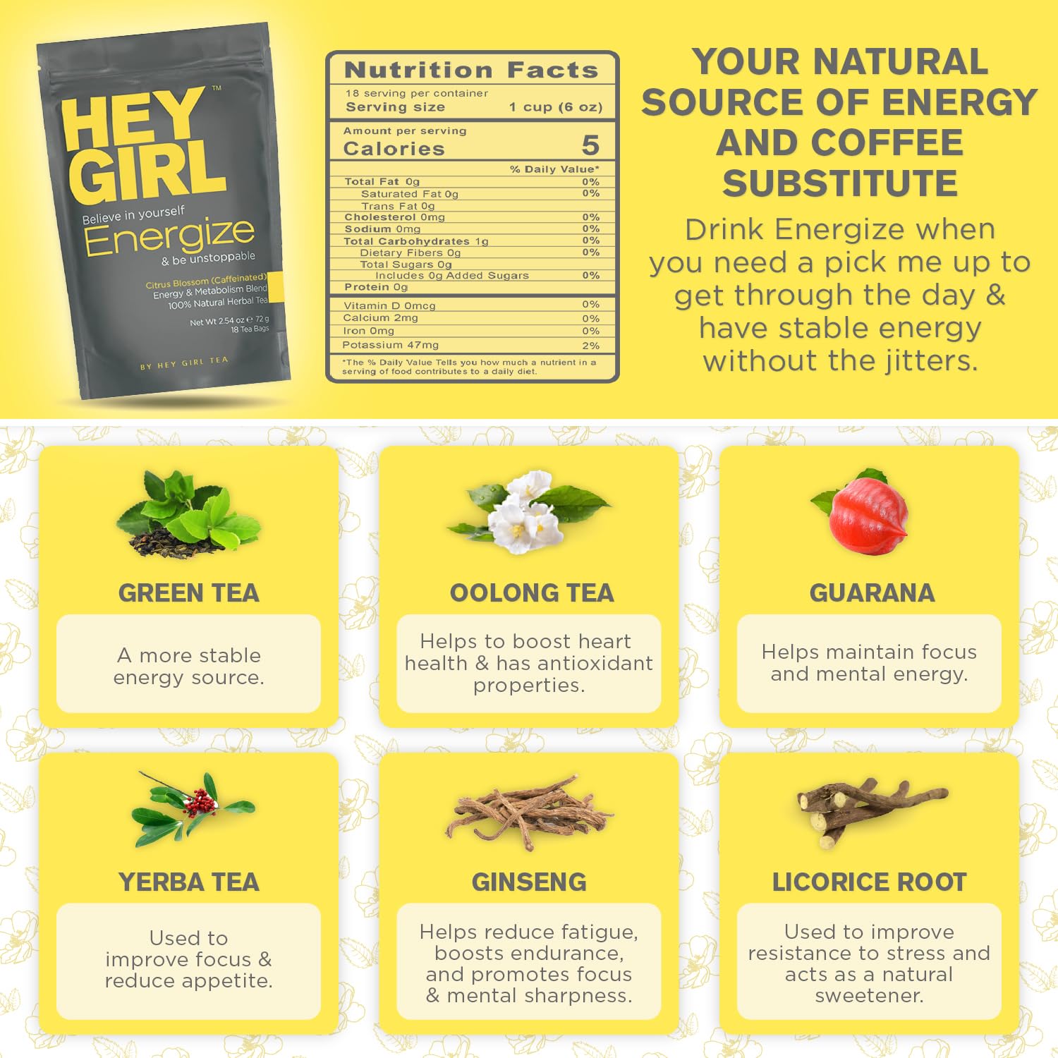 Hey Girl Energize Tea - Herbal Energy Tea Blend with Yerba Mate, Oolong, Ginger, & Green Tea - Morning Boost Coffee Alternative - Caffeinated Tea Bags