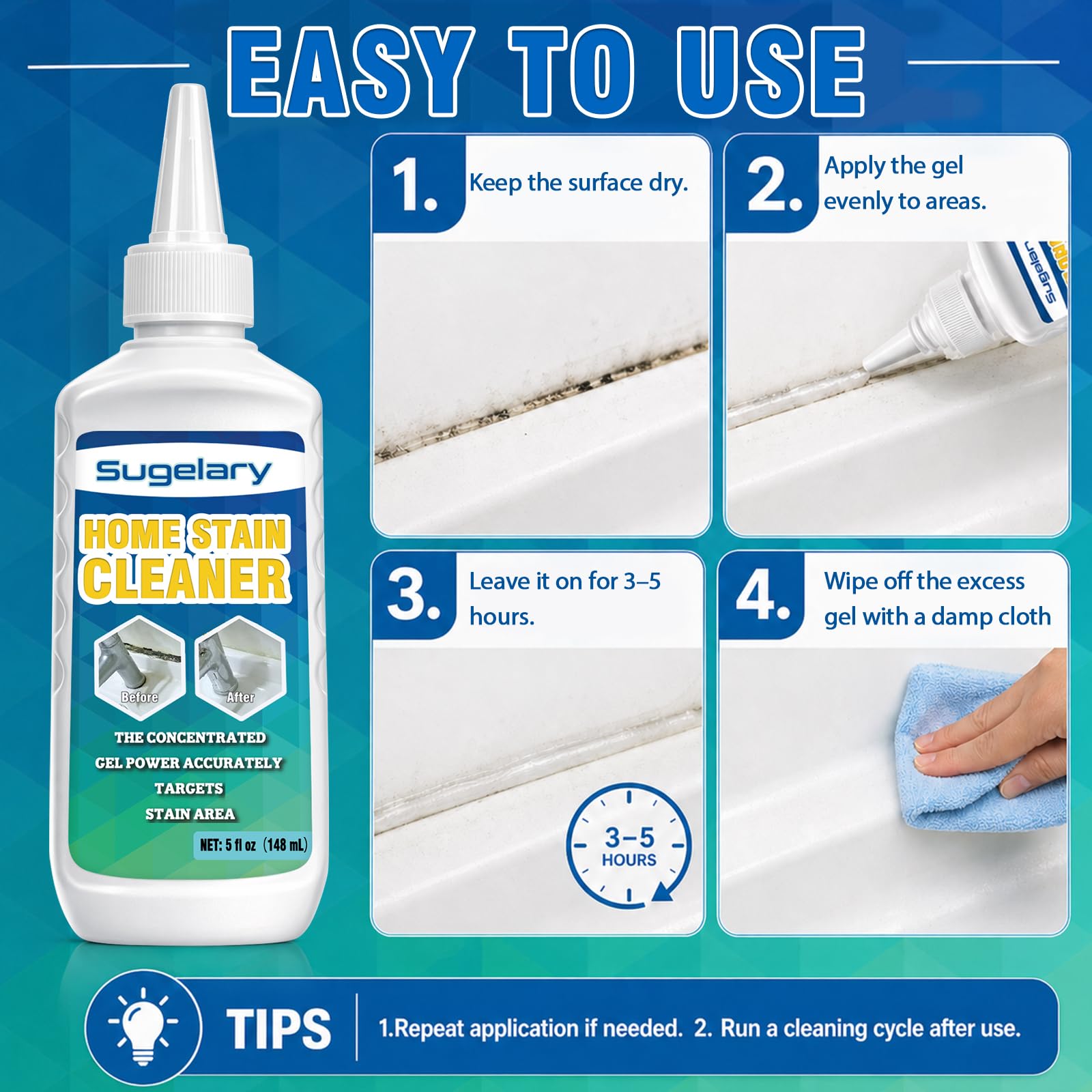 Sugelary Mold Stain Cleaner, 5 fl oz Mold Stain Cleaner Gel for Washing Machine, Home Stain Cleaning Gel for Fridge, Tile, Grout, Sink and Bathroom