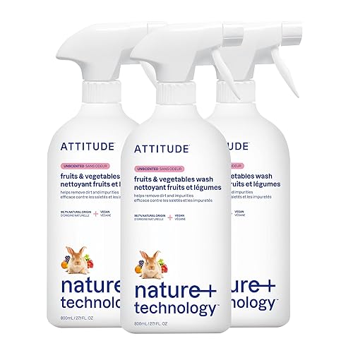 ATTITUDE Fruit & Vegetable Wash, Unscented Food-Safe Produce Wash to Remove Dirt, Wax & Residue, Vegan Plant-Based Produce Cleaner, 27.1 Fl Oz (Pack