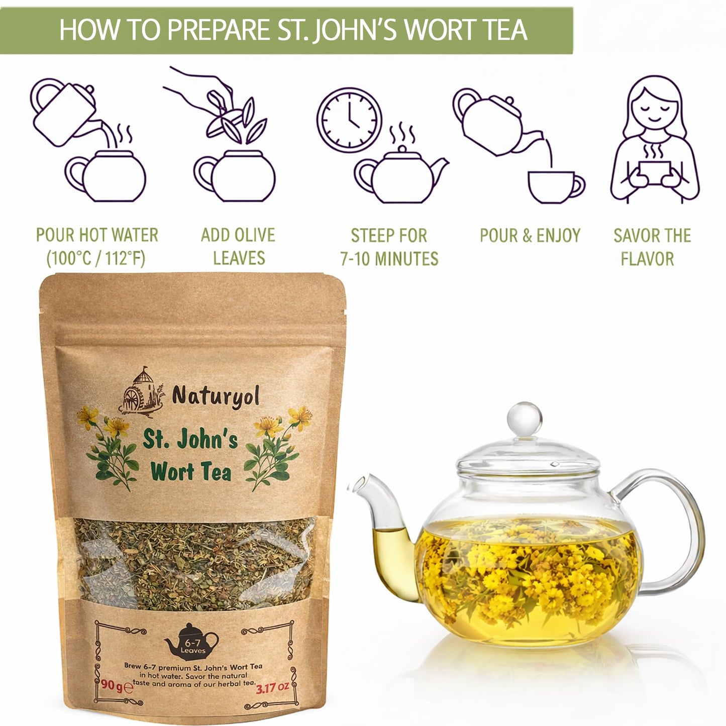 Naturyol St Johns Wort Tea,St Johns Wort Tea, Premium Dried Hypericum Perforatum (Loose Leaf), Naturally Caffeine-Free Herbal Tea,Pure, Clean