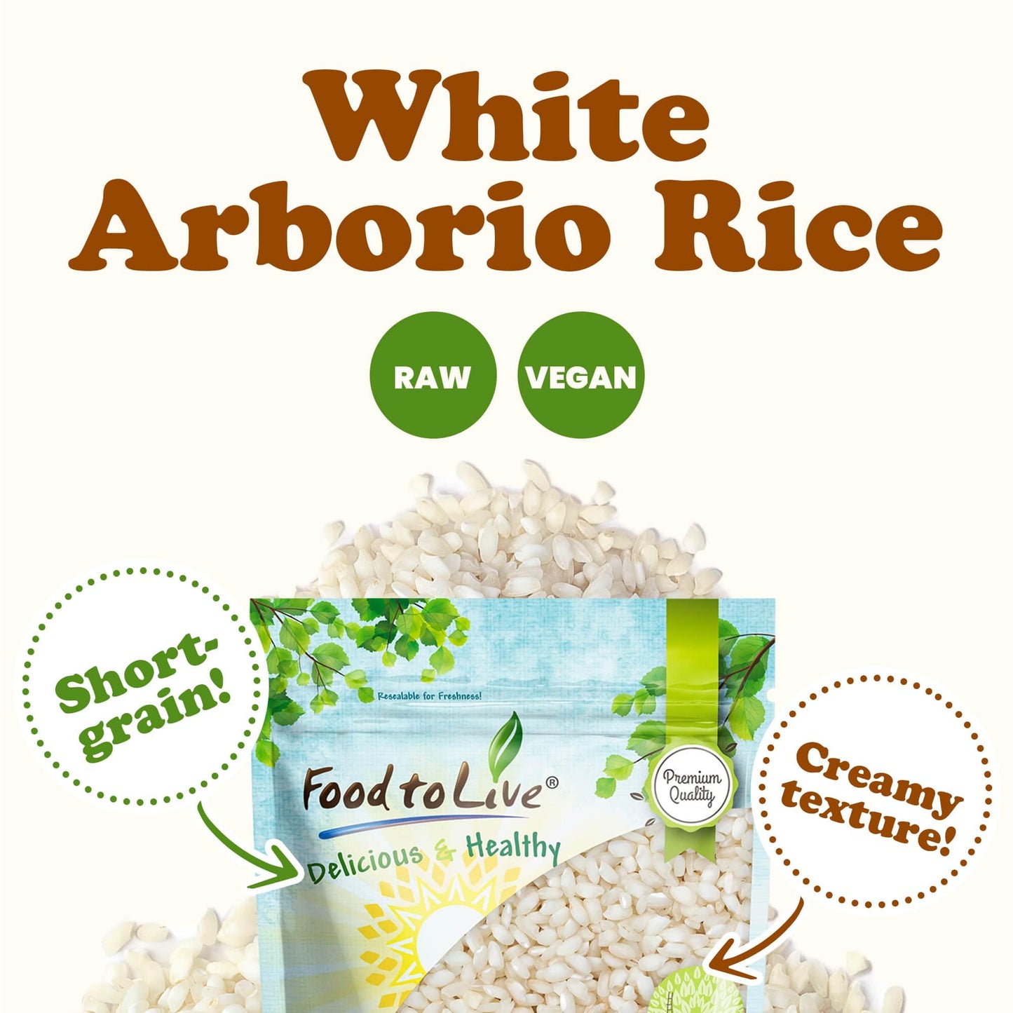 Food to Live Italian Arborio Rice, 5 Pounds - Short Grain White Rice, Superfino Grade, Vegan, Kosher, Bulk, Ideal for Creamy Risottos and Other Italian Dishes