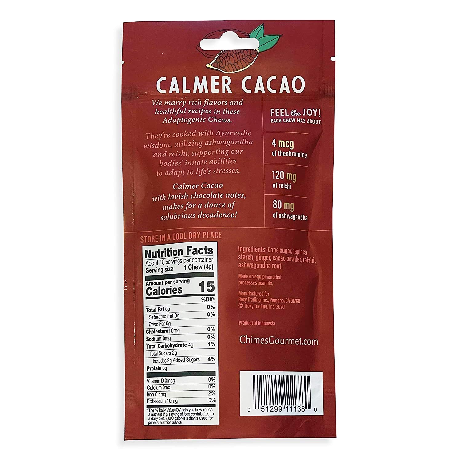 Chimes Calmer Cacao Adaptogen Ginger Chews Candy - (2 Pack With Ashwagandha, Reishi and Dark Cacao with Theobromine) Vegan, Gluten Free…