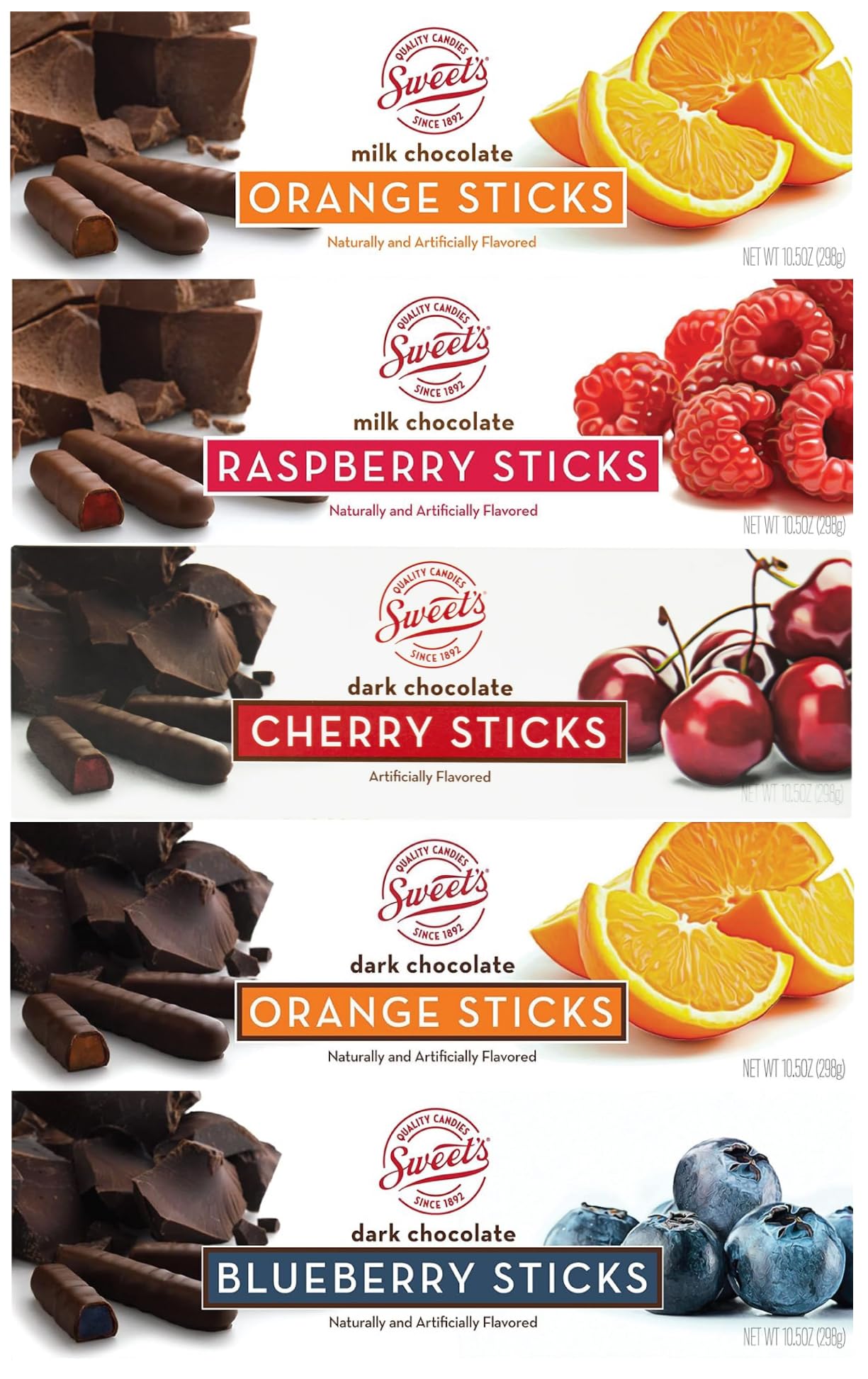 Sweet's Candy Chocolate Variety Pack- Milk Chocolate Orange, Milk Chocolate Raspberry, Dark Chocolate Cherry, Dark Chocolate Orange, Dark Chocolate