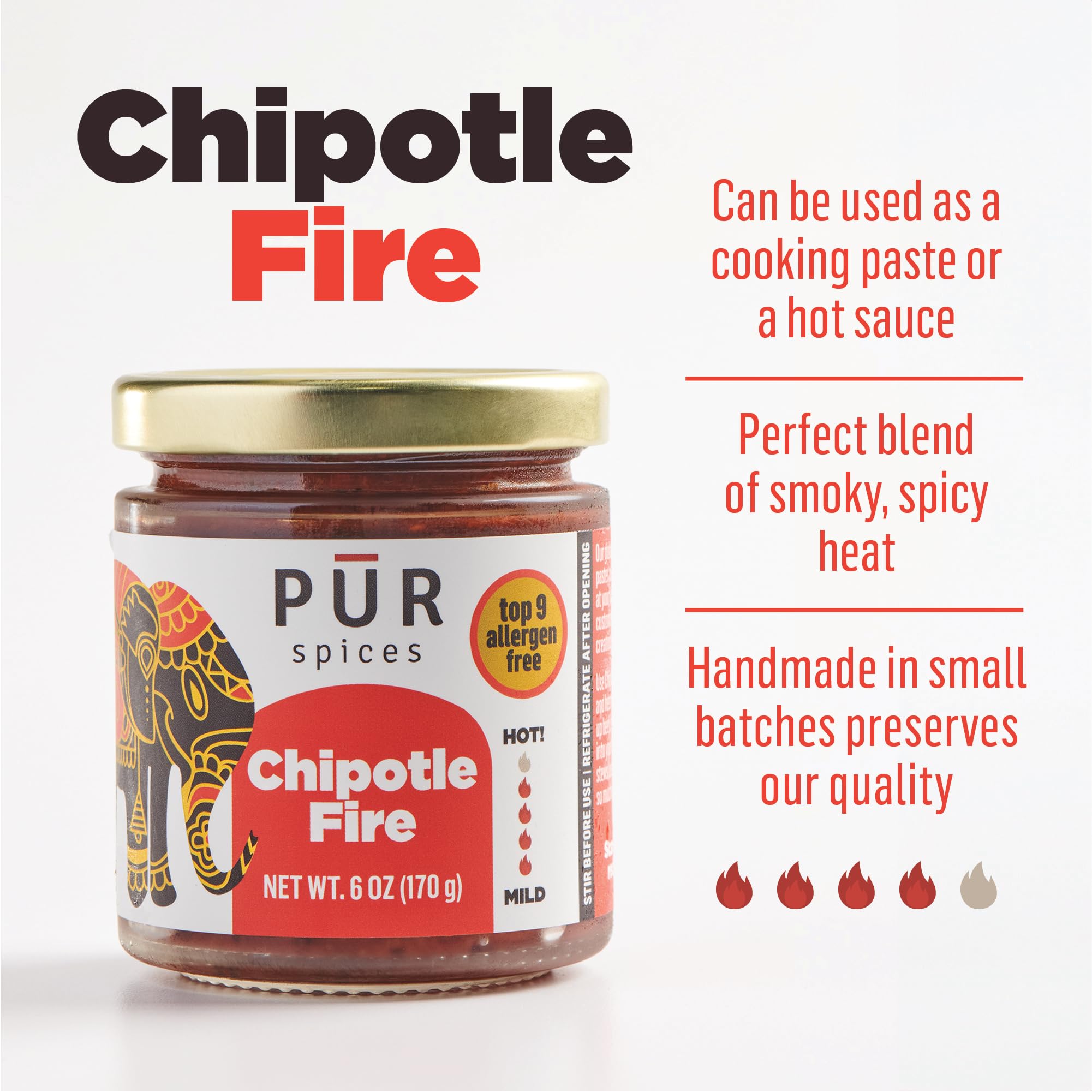 PUR Spices Chipotle Fire Spicy Hot Sauce I Chili Pepper Cooking Paste for Dipping, Chili Seasoning, Taco Sauce, Salsa I Plant Based, Gluten Free, No