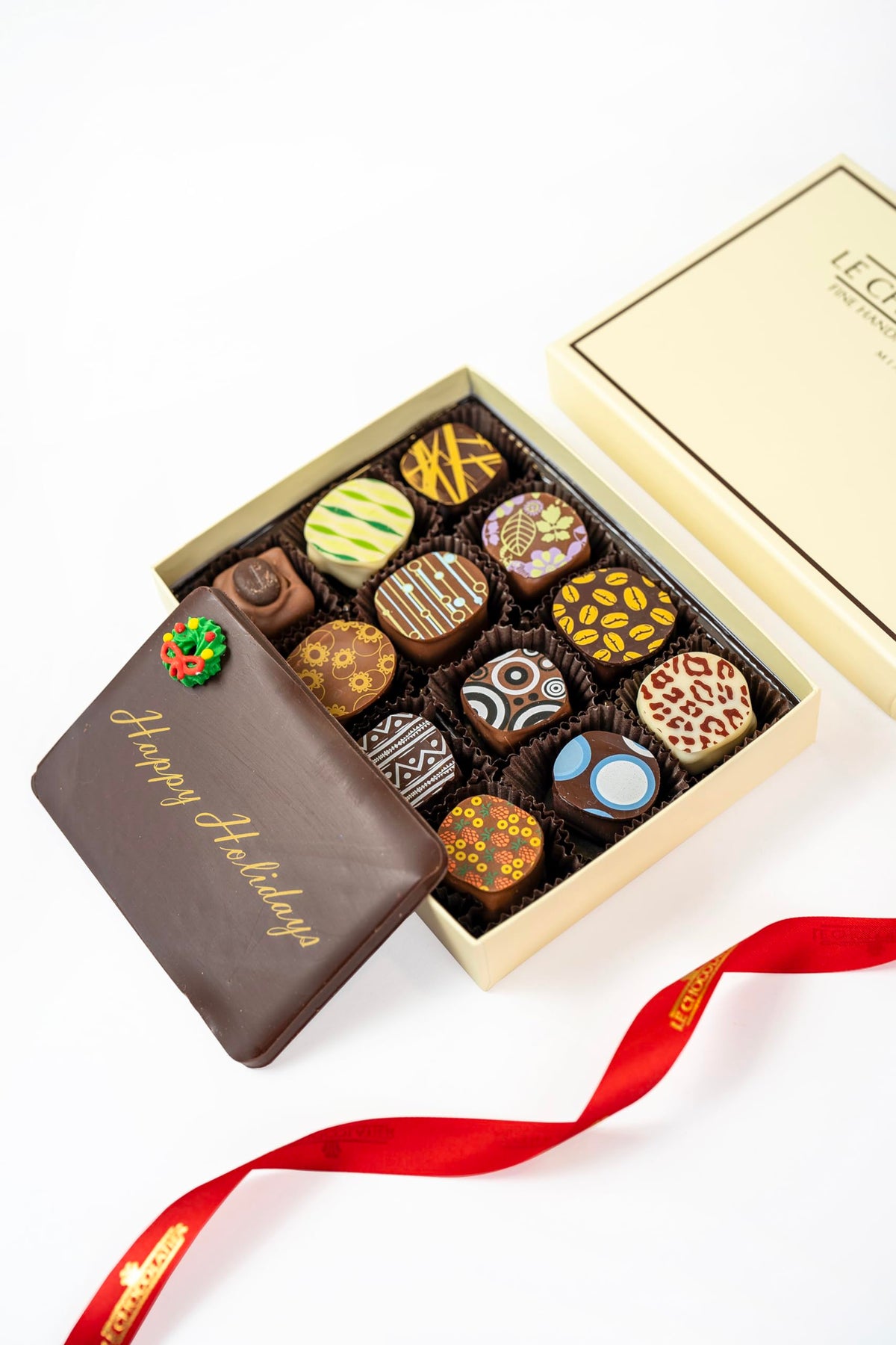 Le Chocolatier Happy Holidays Gourmet Chocolate Truffle Gift Box - Perfect for Chistmas & New Years Gifts (12 Piece Box)