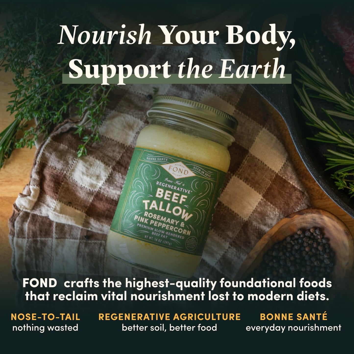 FOND Regenerative Grass-fed Beef Tallow (14 Ounce (Pack of 1), Rosemary & Pink Peppercorn)