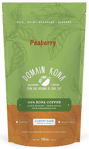 100% Kona Coffee PEABERRY - Whole Bean, Almost Dark roast, Single estate gourmet coffee, 16 ounces, ships direct from Domain Kona Coffee, farm fresh