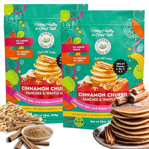 Hidden Foods Cinnamon Churro Pancake and Waffle Mix 2-Pack, High in Protein & Fiber with Hidden Fruits, Vegetables & Vitamins - Thick and Fluffy made with Oats & Flaxseed - Just Add Water