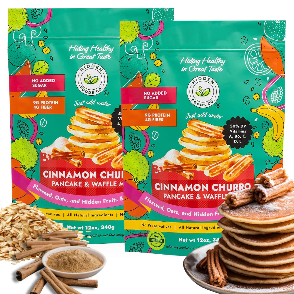Hidden Foods Cinnamon Churro Pancake and Waffle Mix 2-Pack, High in Protein & Fiber with Hidden Fruits, Vegetables & Vitamins - Thick and Fluffy made with Oats & Flaxseed - Just Add Water