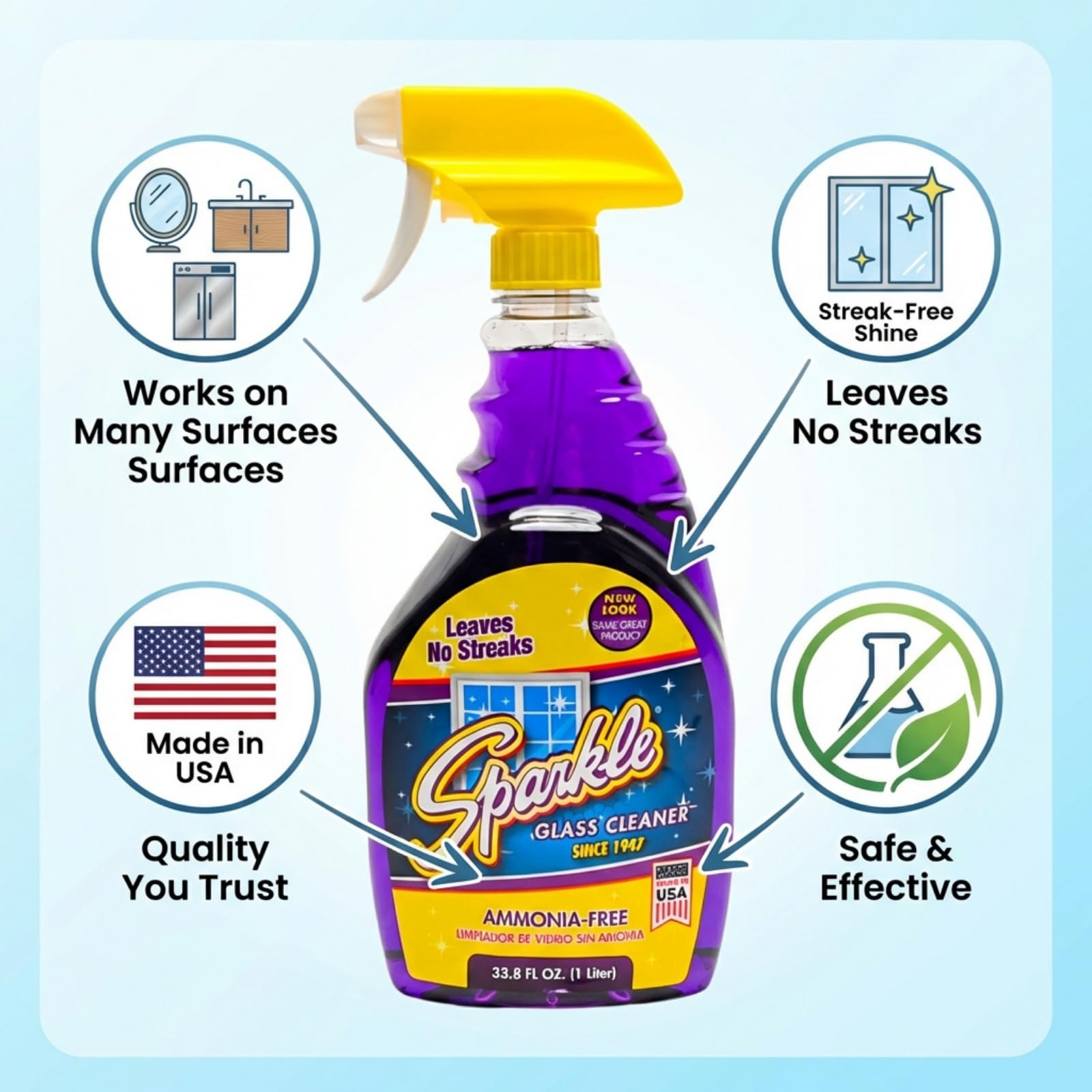 Sparkle Glass Cleaner Refill 1 Gallon (128 Fl Oz) - Ammonia-Free Heavy Duty Streak-Free Formula for Windows, Mirrors & Glass (Pack of 1)