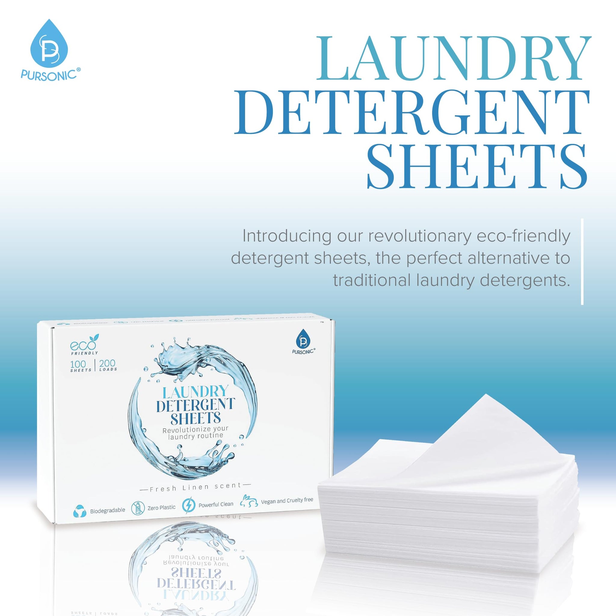 Pursonic Eco Laundry Detergent Sheets - 30 Sheet (60 Loads) Natural Zero Plastic Laundry Sheets with Powerful Cleaning Power - Travel Essentials