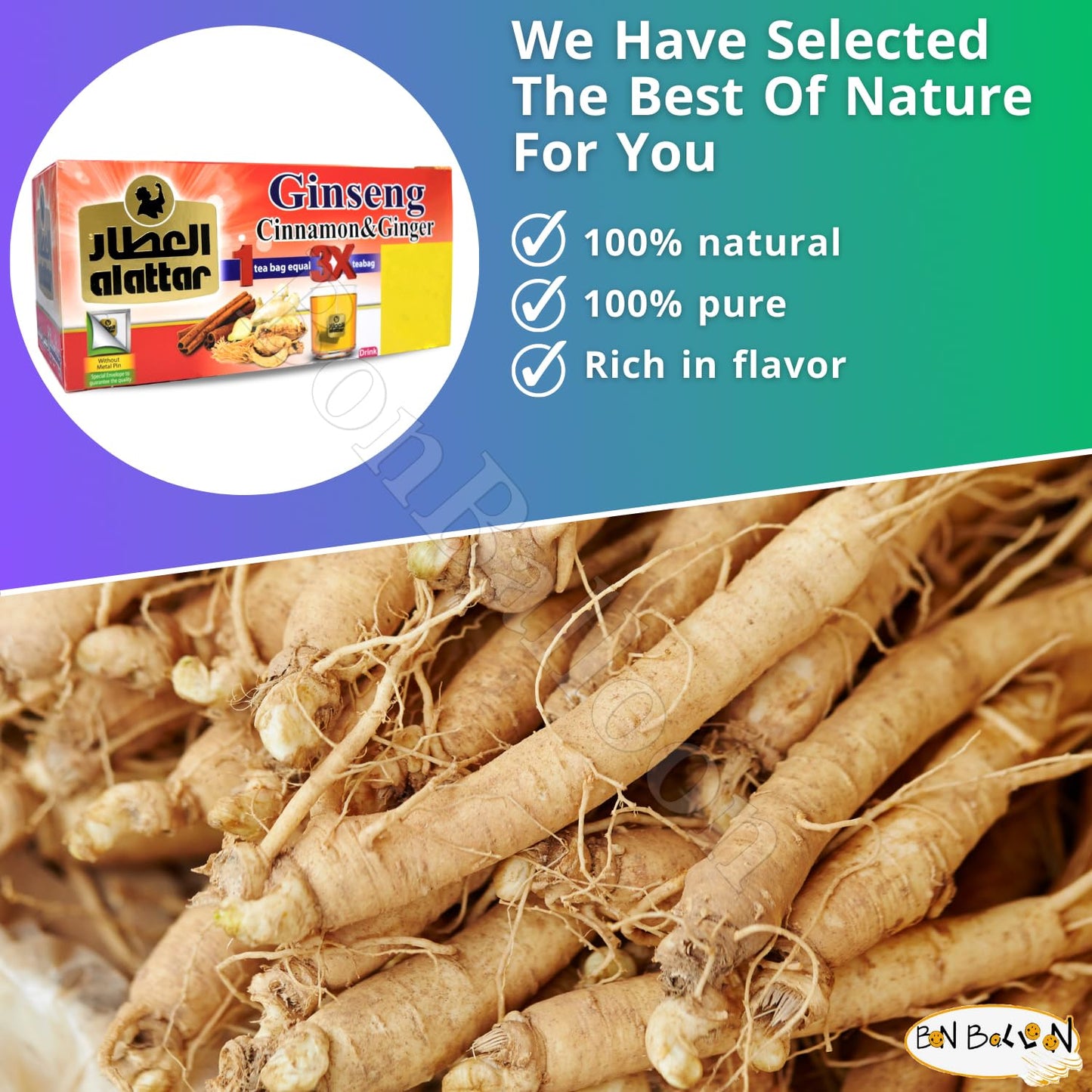 AlAttar Natural Drink Ginseng Cinnamon & Ginger Herbal Tea Bags Herb Herbs Non Gmo No Additives No Artificial Coloring Kosher Halal (20 Bag) ??????