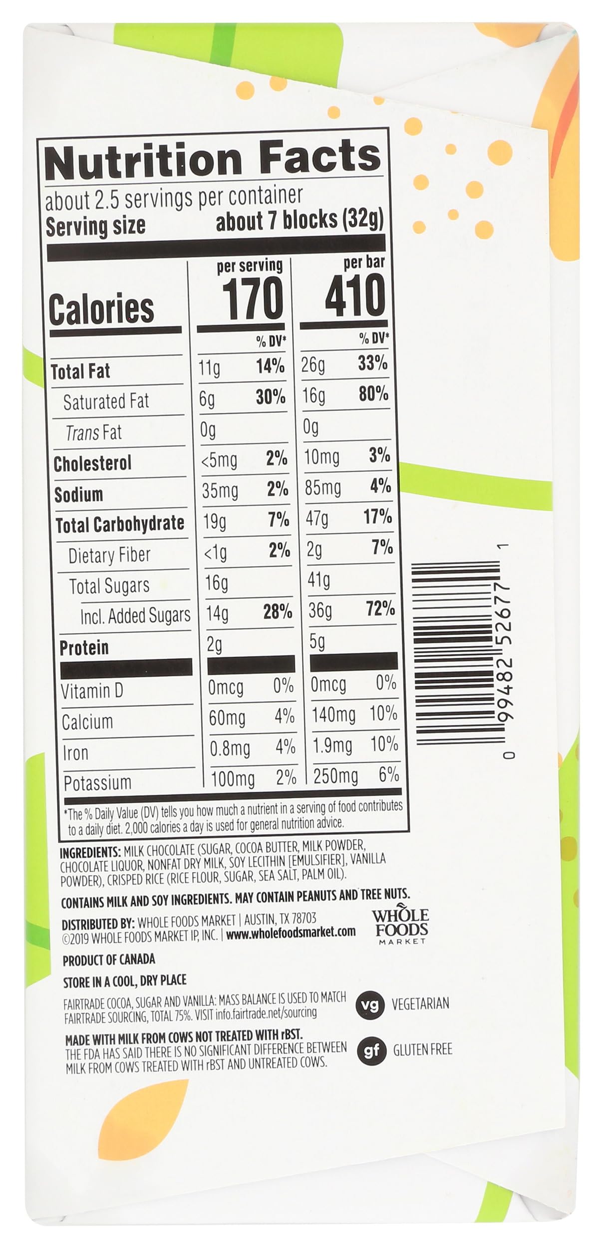 365 by Whole Foods Market, Crispy Rice Milk Chocolate Bar, 2.8 Ounce