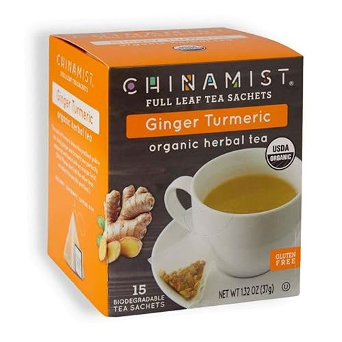 China Mist Full Leaf Tea Sachets, Ginger Turmeric Organic Herbal Tea, 15 Biodegradeable Tea Sachets