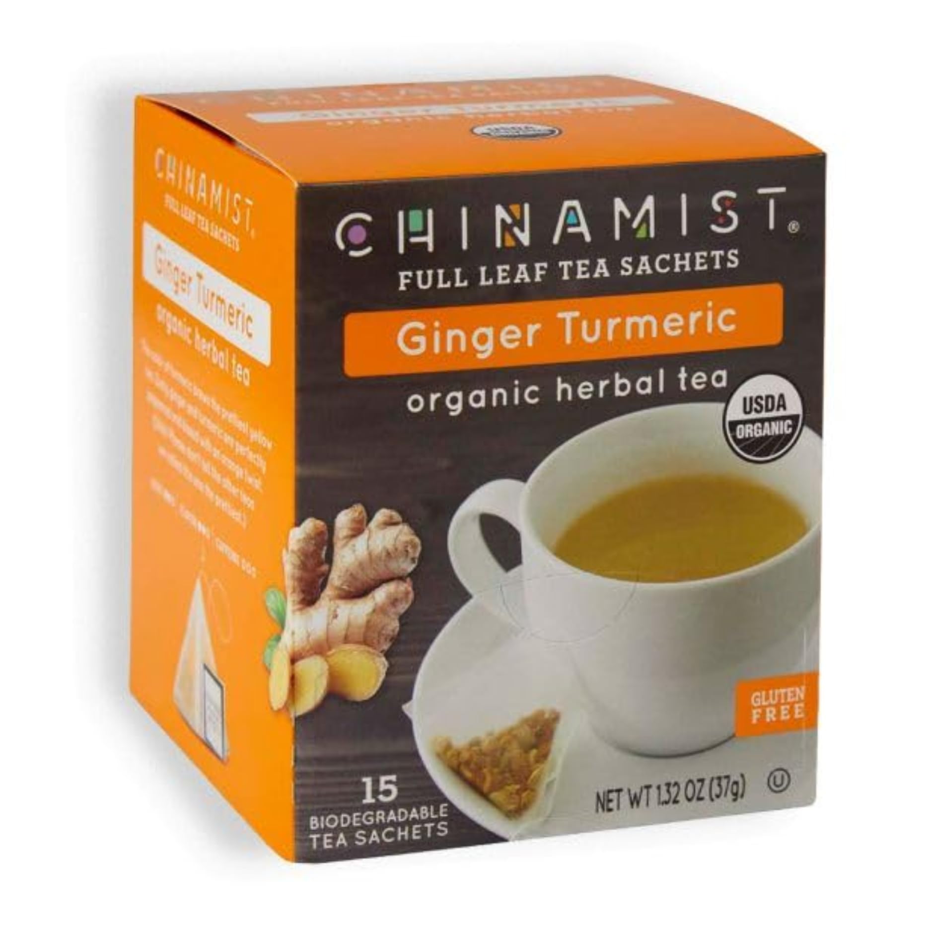 China Mist Full Leaf Tea Sachets, Ginger Turmeric Organic Herbal Tea, 15 Biodegradeable Tea Sachets