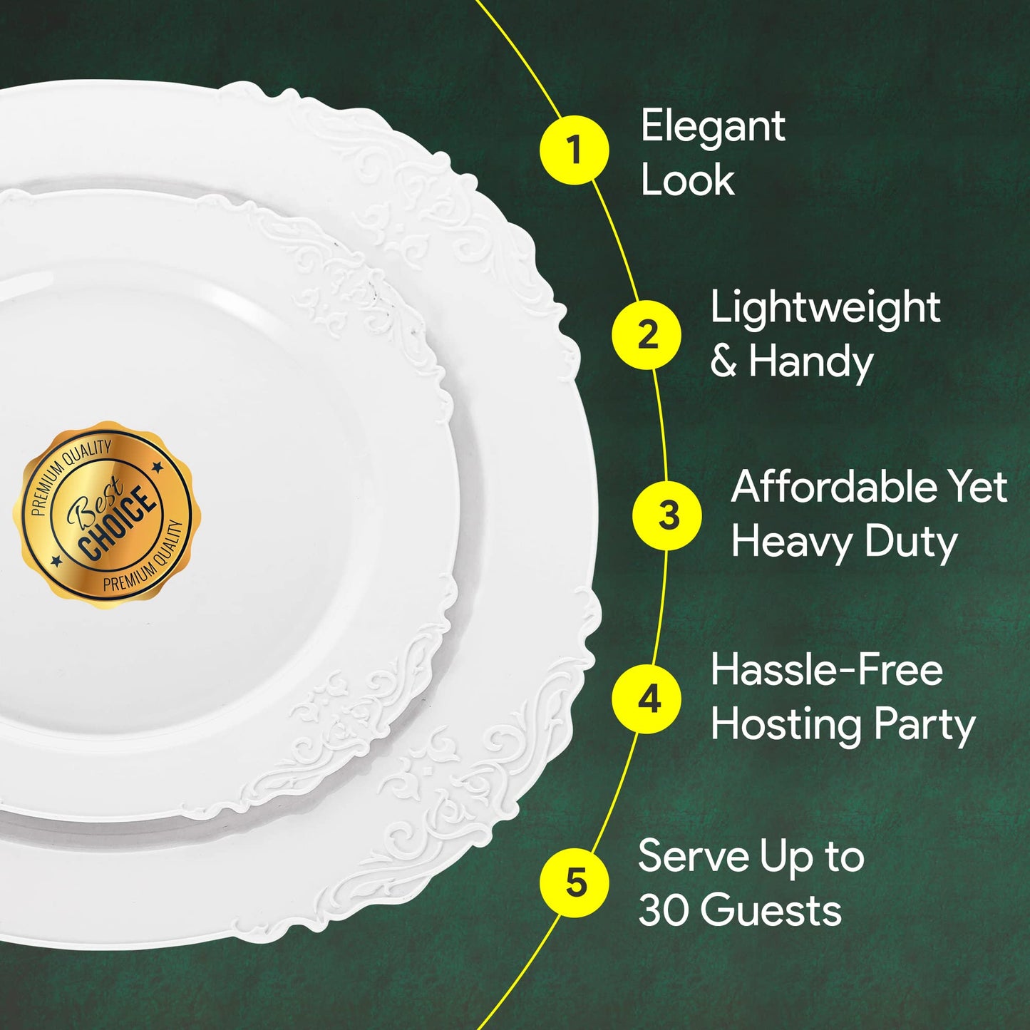 Zlion 60 Piece White Disposable Plate Set - Elegant Plastic Dinnerware for Parties, Weddings, Birthdays & Baby Showers - Includes 30X 10.25 inch Main