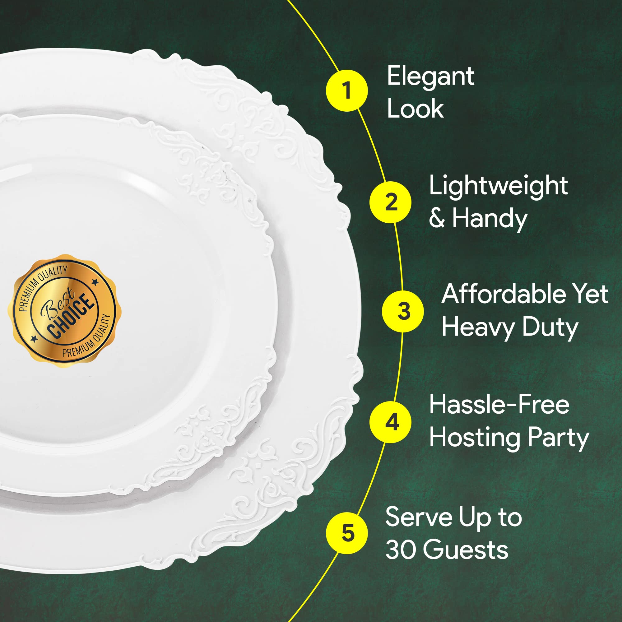 Zlion 60 Piece White Disposable Plate Set - Elegant Plastic Dinnerware for Parties, Weddings, Birthdays & Baby Showers - Includes 30X 10.25 inch Main