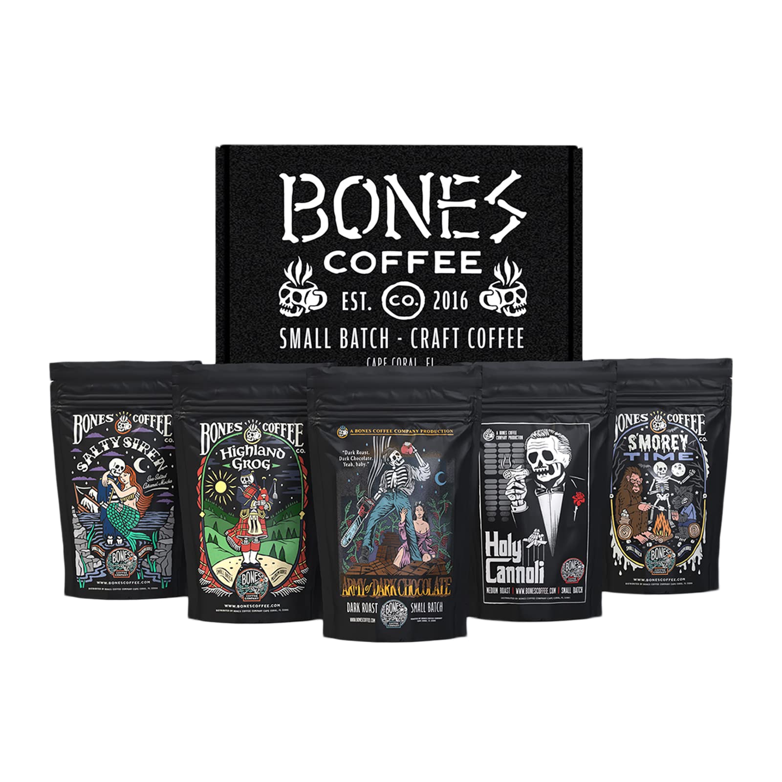 Bones Coffee Company NEW Favorite Flavors Sample Pack, Assorted Flavored Coffee Low Acid Medium Roast Arabica Beans Specialty Coffee Gifts, Auto Drip