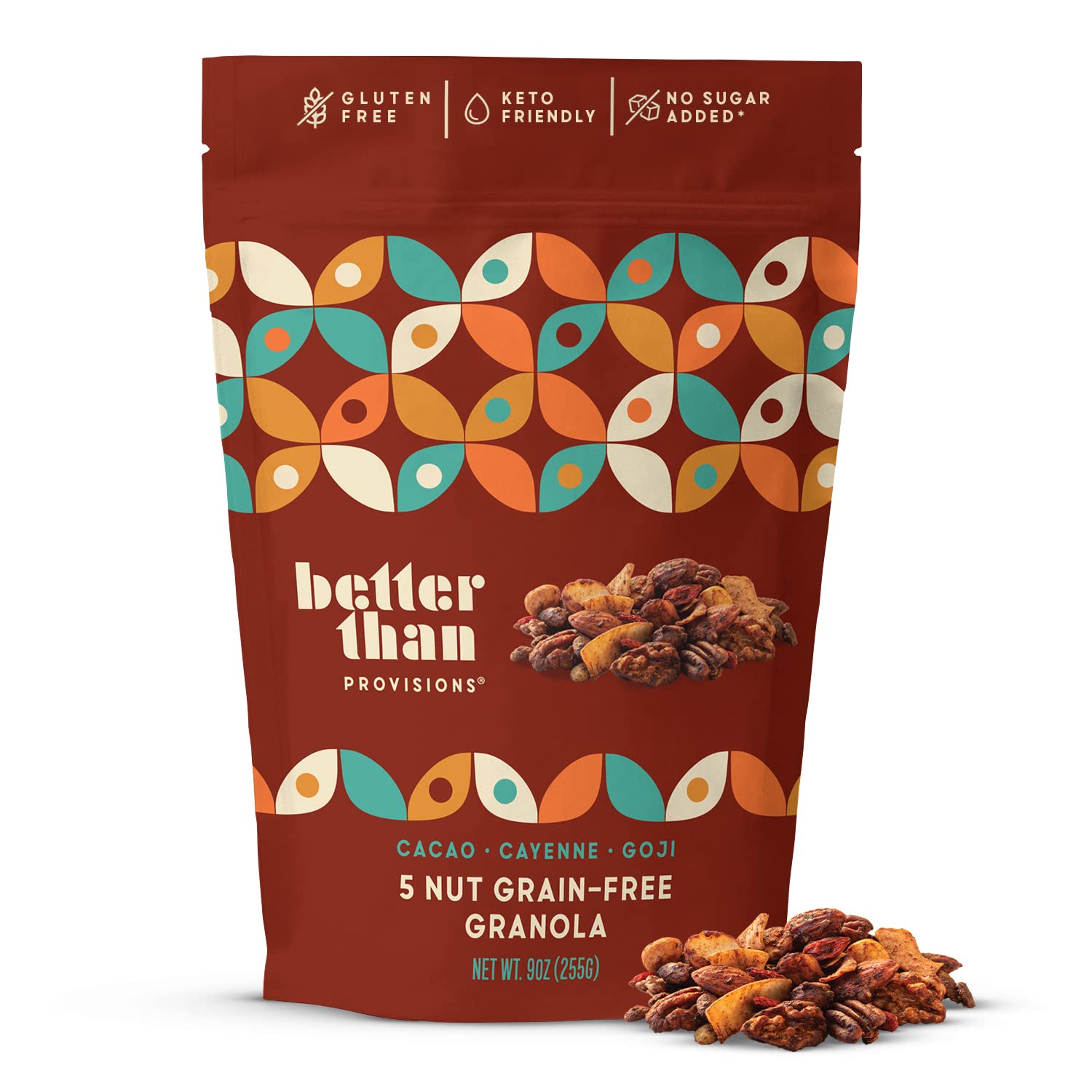 Better Than Provisions 5 Nut Grain-Free Granola, Keto Food, Pack of Cacao Cayenne Goji, with Almonds, Macadamia Nuts, Walnuts, Hazelnuts, Pecans