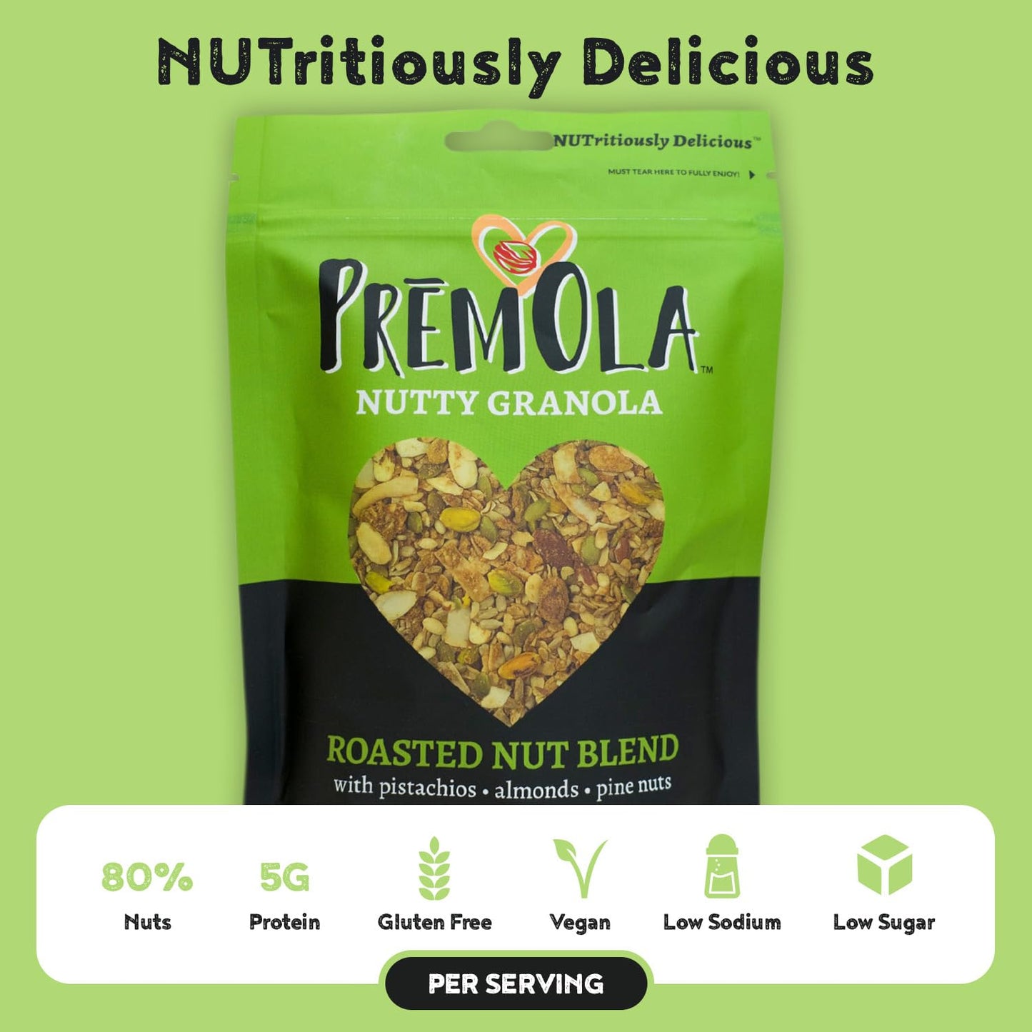 PremOla Nutty Granola, Roasted Nut Blend - Gluten Free, Low Sugar, Vegan Granola with Pistachios, Almonds & Pine Nuts, Packed with Protein & Fiber