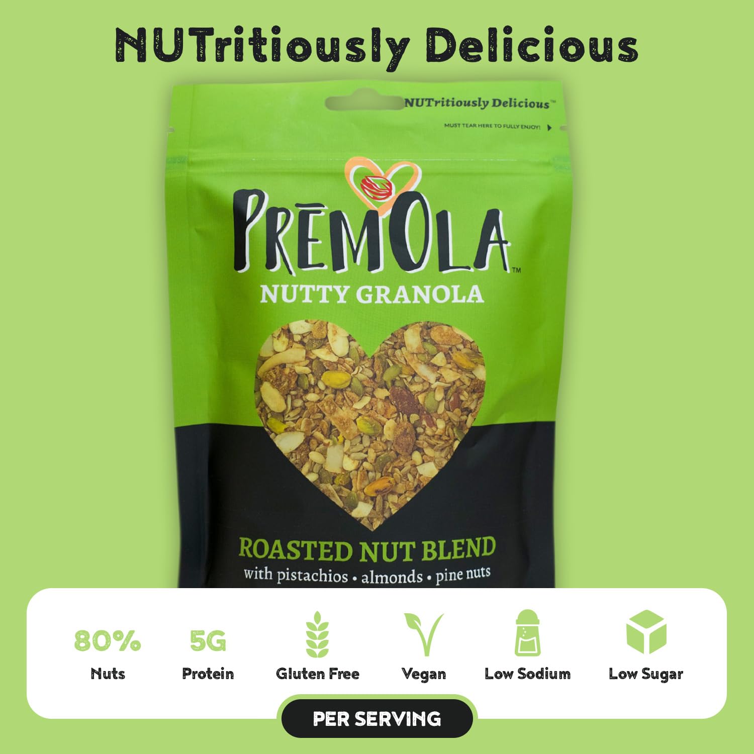 PremOla Nutty Granola, Roasted Nut Blend - Gluten Free, Low Sugar, Vegan Granola with Pistachios, Almonds & Pine Nuts, Packed with Protein & Fiber