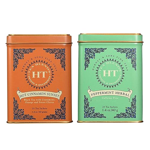 Harney & Sons Peppermint Herbal Caffeine Free with Caffeinated Hot Cinnamon Sunset Black Tea with Orange and Clove (20 Sachets)