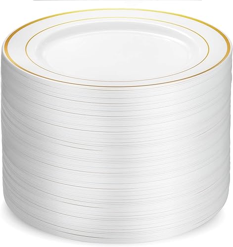 Munfix 100 Gold Plastic Plates Set, 10 Inch Fancy Heavy Duty Elegant Disposable Dinner Plates, For Party, Wedding, White with Gold Rim