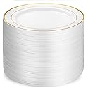 Munfix 100 Gold Plastic Plates Set, 10 Inch Fancy Heavy Duty Elegant Disposable Dinner Plates, For Party, Wedding, White with Gold Rim