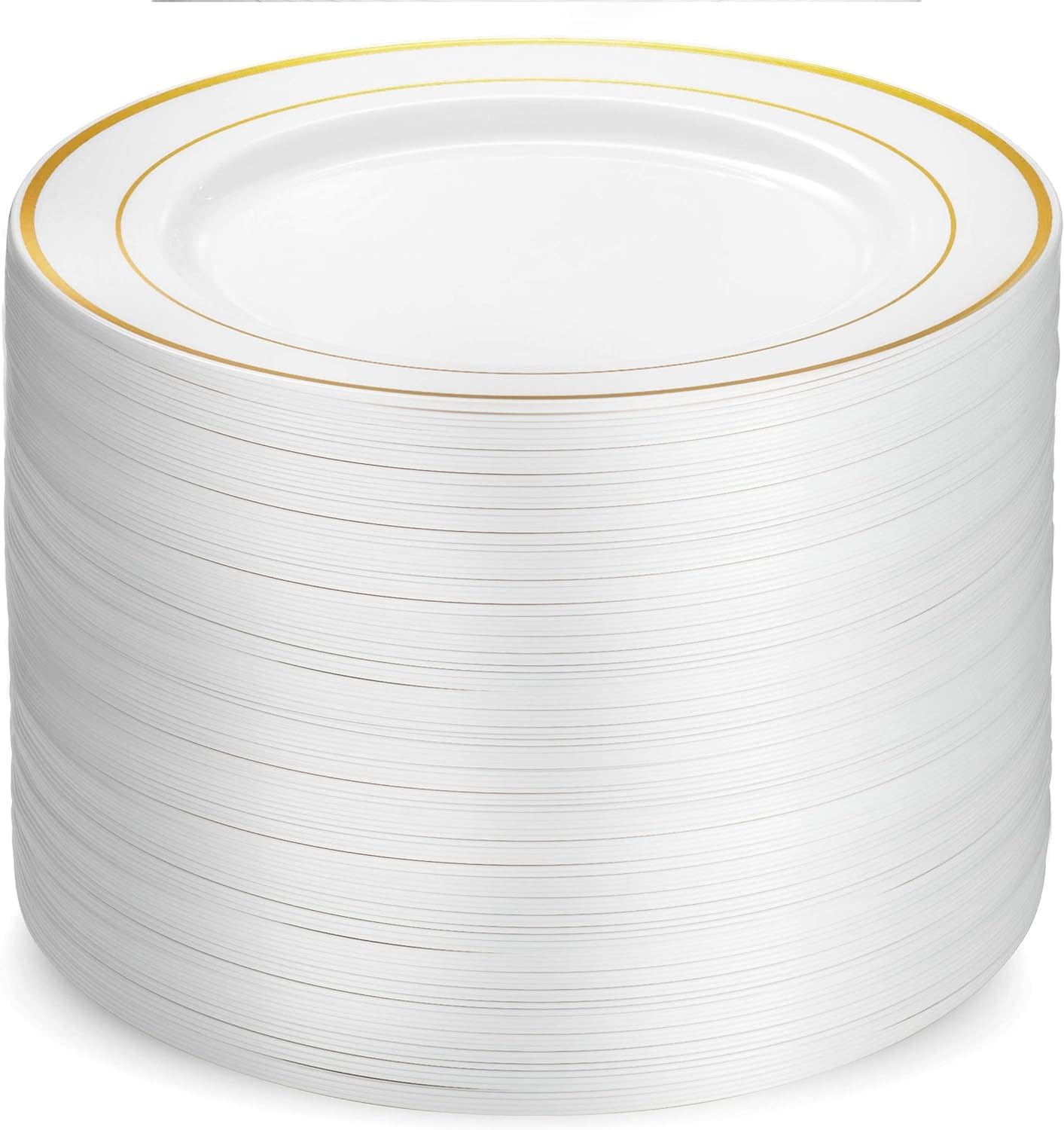 Munfix 100 Gold Plastic Plates Set, 10 Inch Fancy Heavy Duty Elegant Disposable Dinner Plates, For Party, Wedding, White with Gold Rim