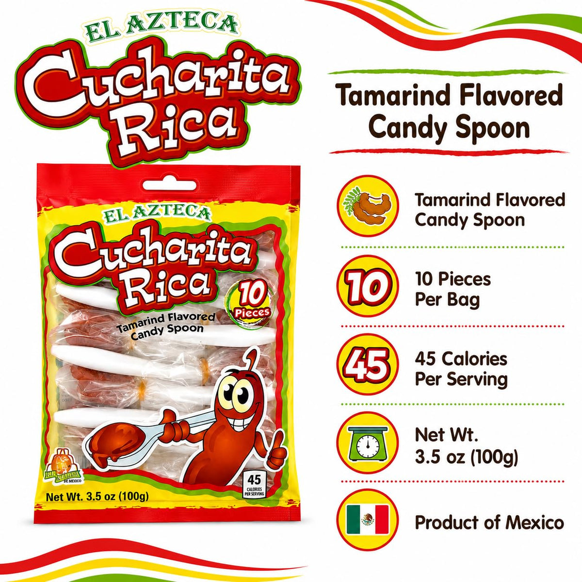 El Azteca Cucharita Rica Tamarind Flavored Candy Spoon, Chili Tamarind, 10 Pieces per Bag, Pack of 26, Made in Mexico
