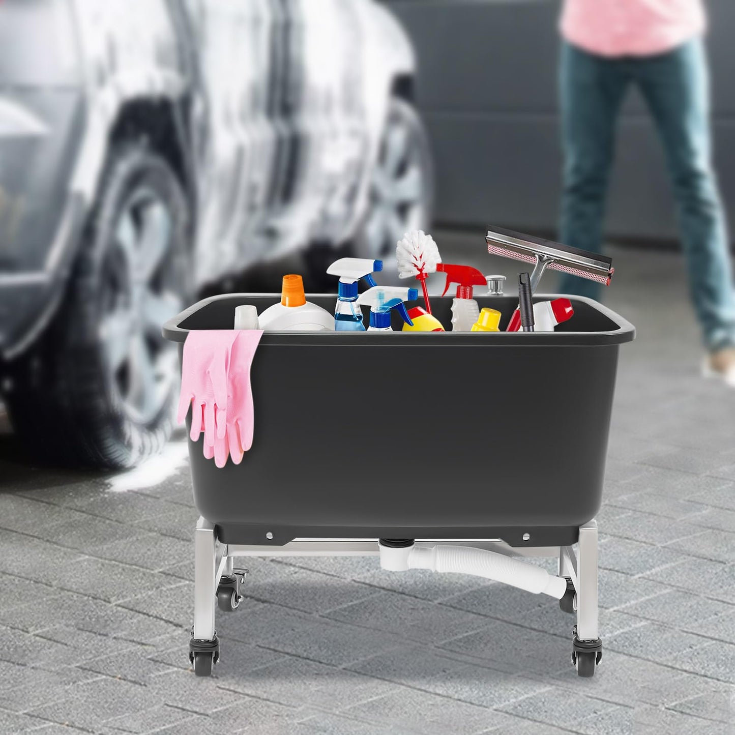 Portable Mop Sink w/Wheels Plastic Utility Sink Basin Freestanding Mop Bucket for Laundry Room, Garage, Basement, Garden, One-Touch Drain Function