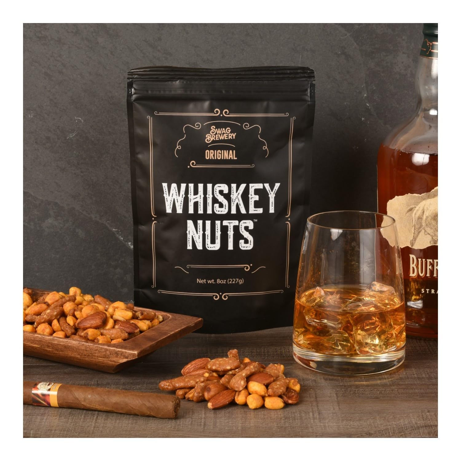 Whiskey Nuts - Gourmet Mix of Slightly Sweet and Salty Almonds, Peanuts, Corn Nuts, & Honey Roasted Sesame Sticks That Brings Out The Flavor