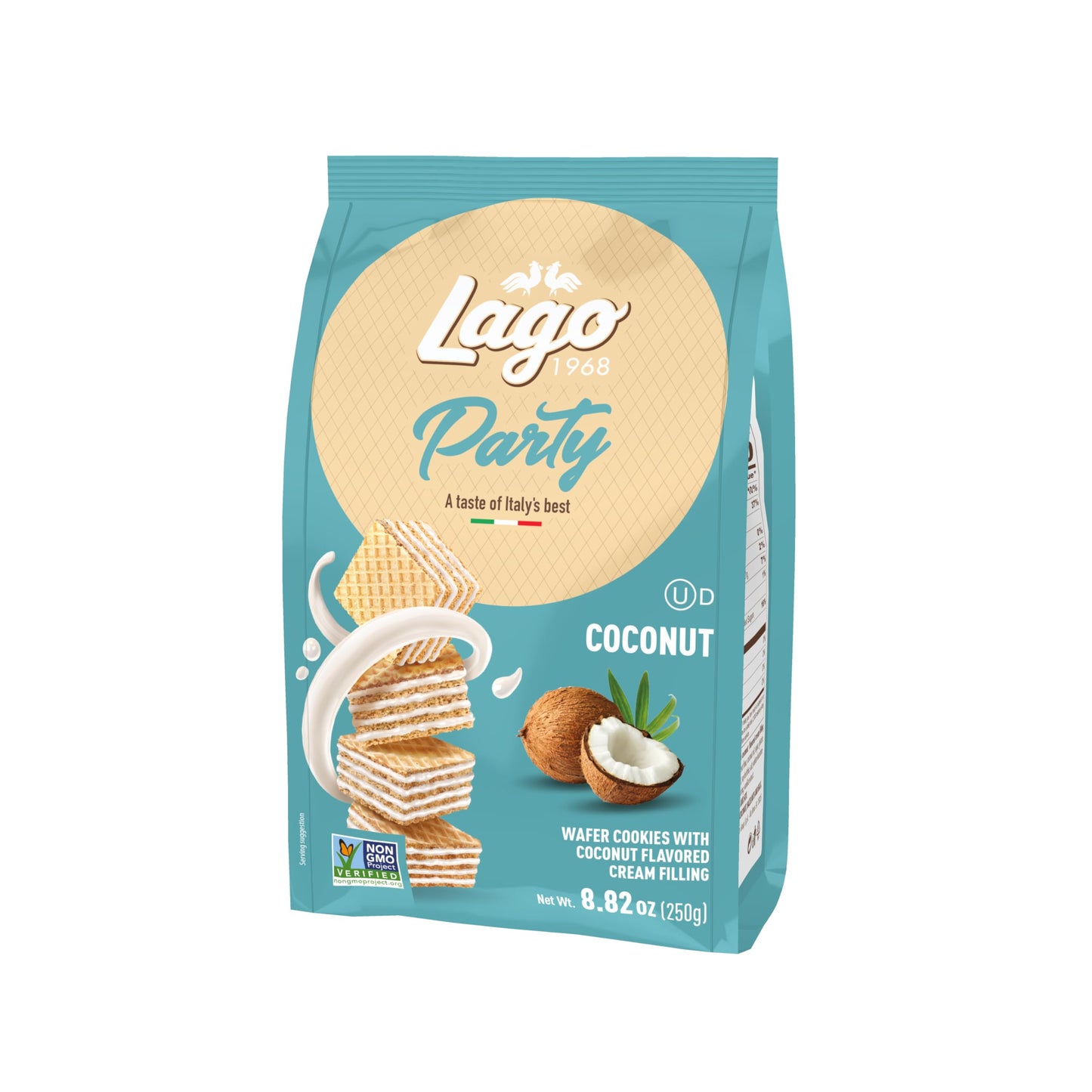Gastone Lago Party Coconut Wafers, 8.82 oz - Italian Wafer Cookies with Coconut Flavored Cream Filling, Non-GMO Verified, Authentic Taste of Italy