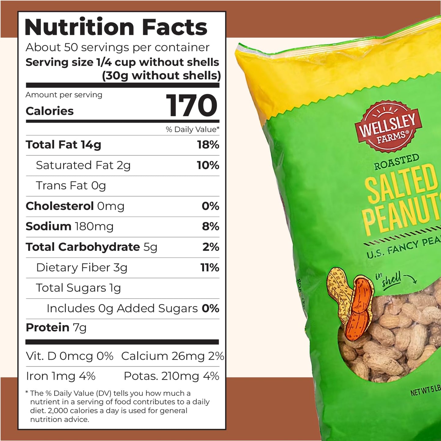 Wellsley Farms Salted Roasted Peanuts In Shell, USA Grown Whole, Non-GMO, Gluten-Free, Vegan, Cholesterol-Free, Shell-Cracking Snack for Game Day, BBQ