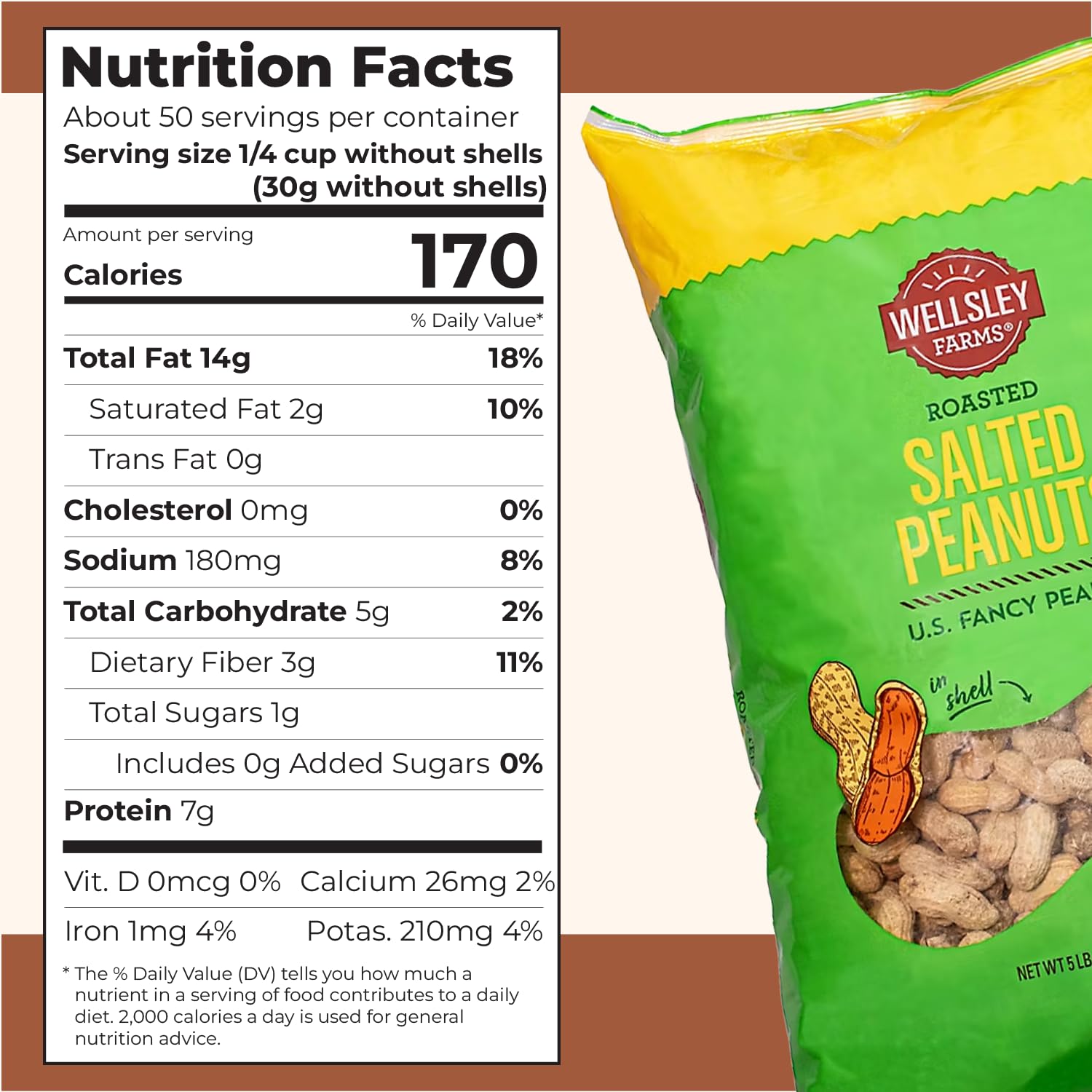 Wellsley Farms Salted Roasted Peanuts In Shell, USA Grown Whole, Non-GMO, Gluten-Free, Vegan, Cholesterol-Free, Shell-Cracking Snack for Game Day, BBQ