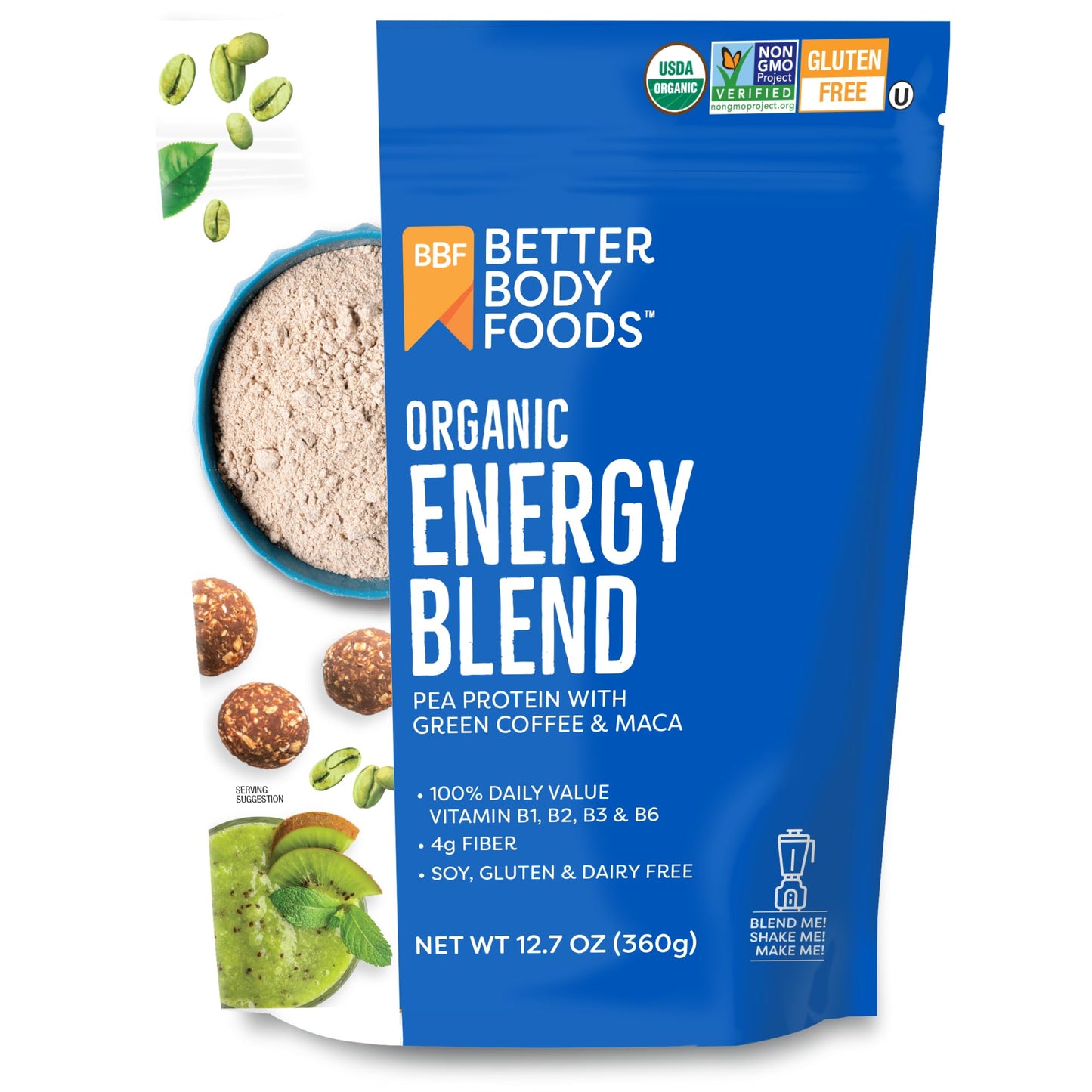 BetterBody Foods Organic Energy Blend, Plant-Based Protein Blend made with Naturally Energizing Green Coffee Extract and Maca, Gluten-free, Non-GMO
