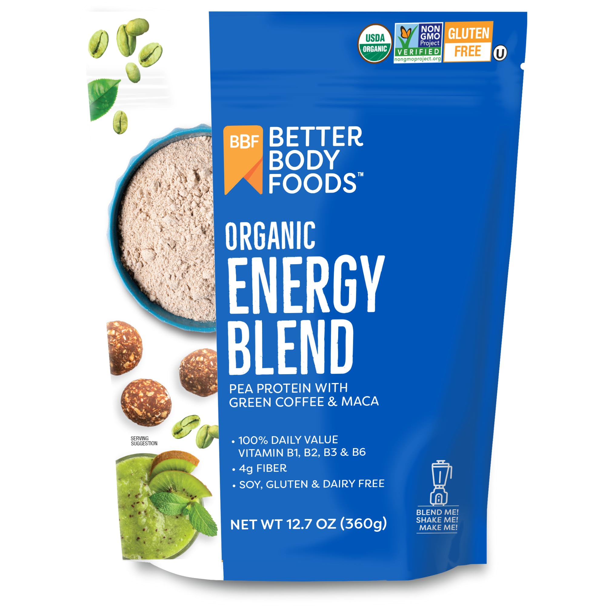 BetterBody Foods Organic Energy Blend, Plant-Based Protein Blend made with Naturally Energizing Green Coffee Extract and Maca, Gluten-free, Non-GMO